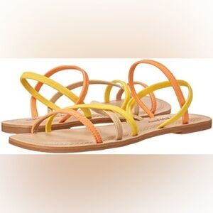 Lucky Brand Orange, Nude, and Yellow Citrus colored strappy sandals.